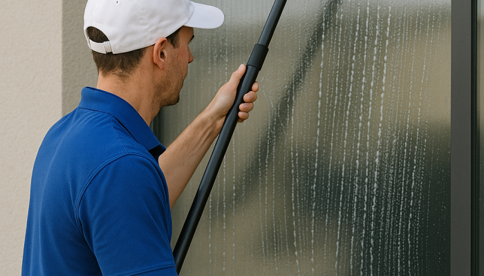 The Cleaners using a waterfed pole